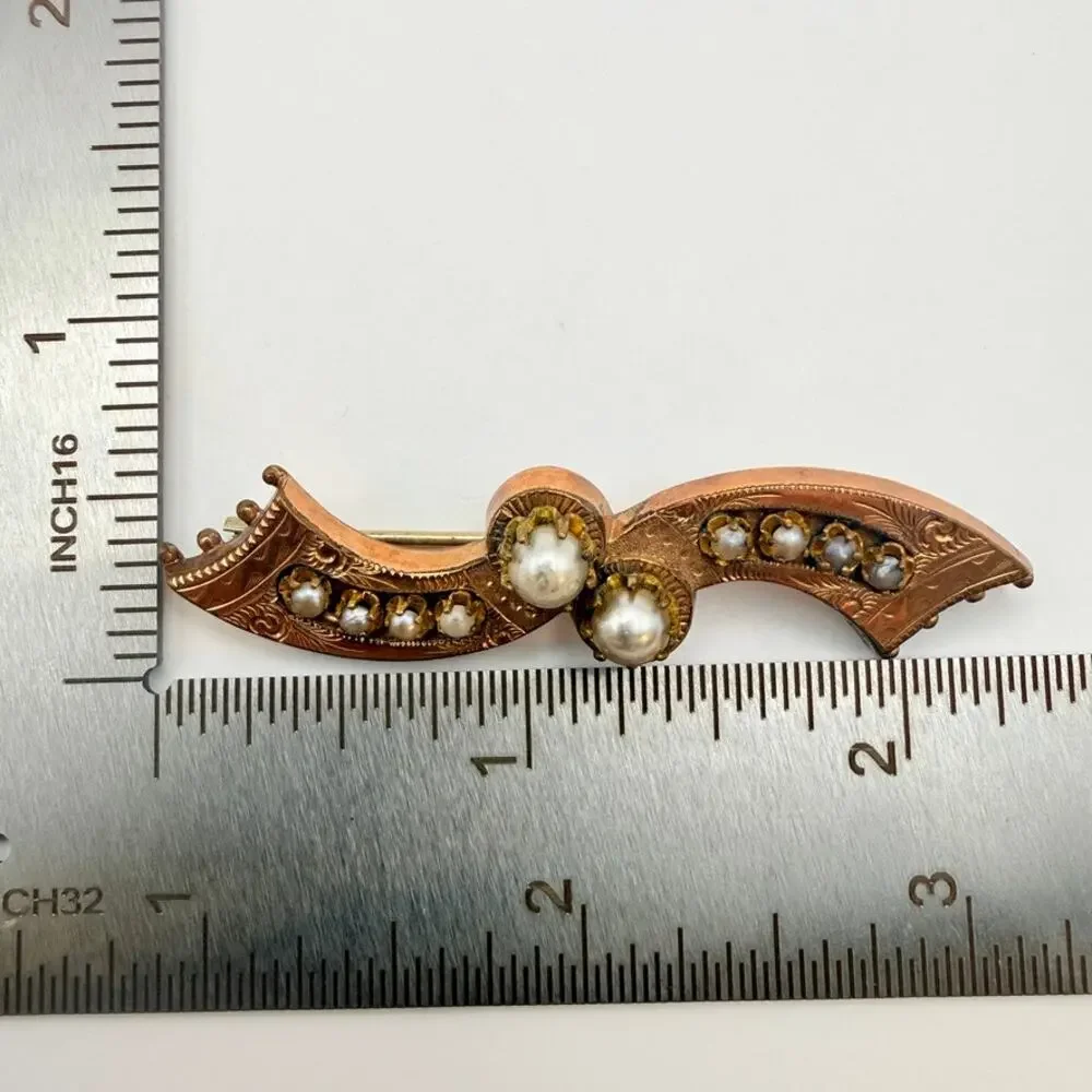 Antique Victorian Rose Gold Filled Seed Pearl Wave Bar Brooch Pin Bow Engraved